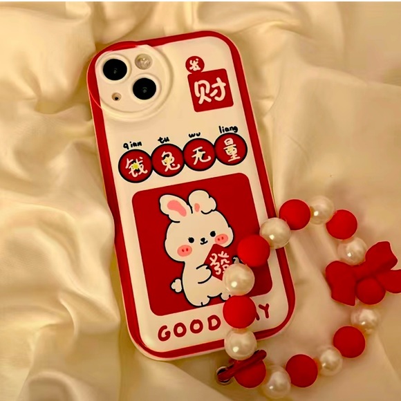 iPhone 13 Cute Rabbit Design W/ Hanging Chain Lanyard Silicone Phone Case NWT - Picture 1 of 9